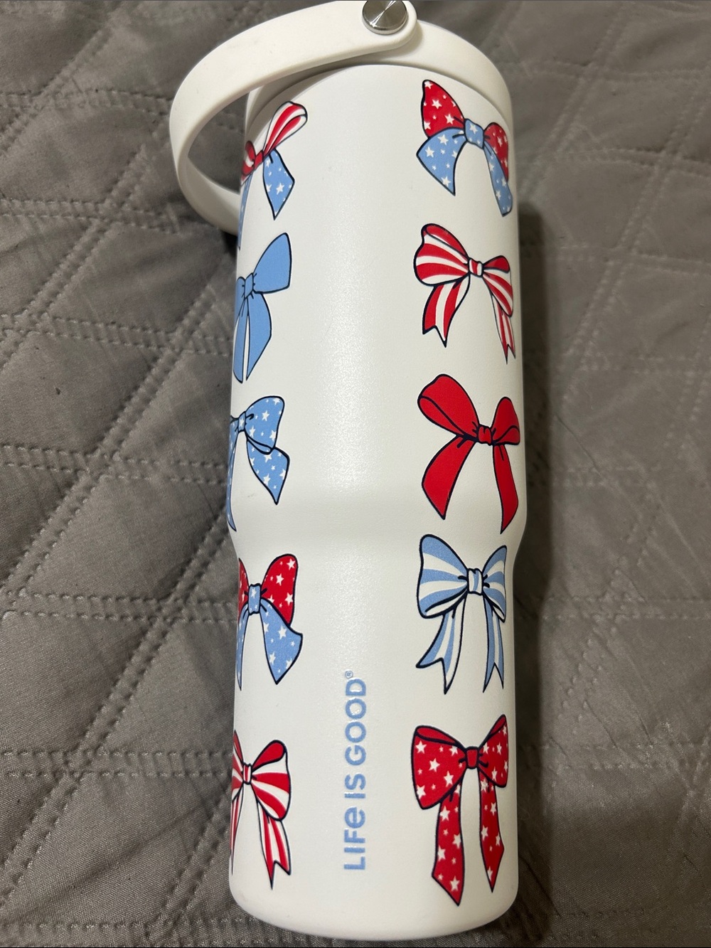 Life Is Good White Tumbler with Red and Blue Patriotic Bow Pattern